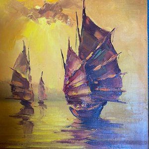 Vintage Chinese Junk Boat Oil Paintings Set of 2 Signed Peter Lam